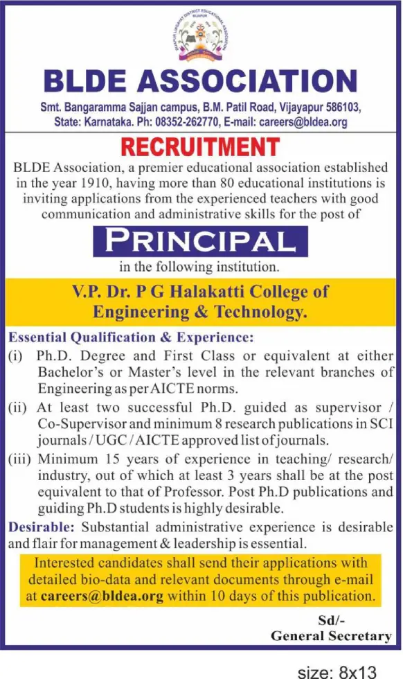 BLDE Association’s College of Engineering and Technology (BLDEACET), Vijayapura, Careers